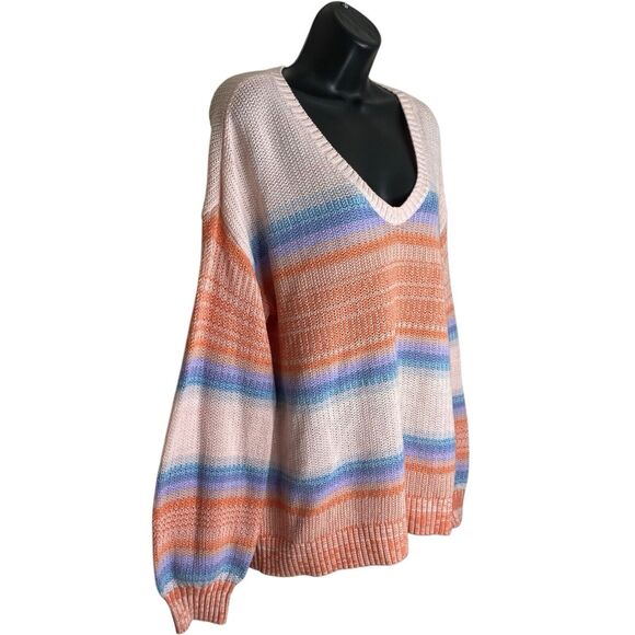 Loft Sweater Womens L Pastel Striped V-Neck Pullover Boho Preppy Slouchy Casual - Picture 2 of 11